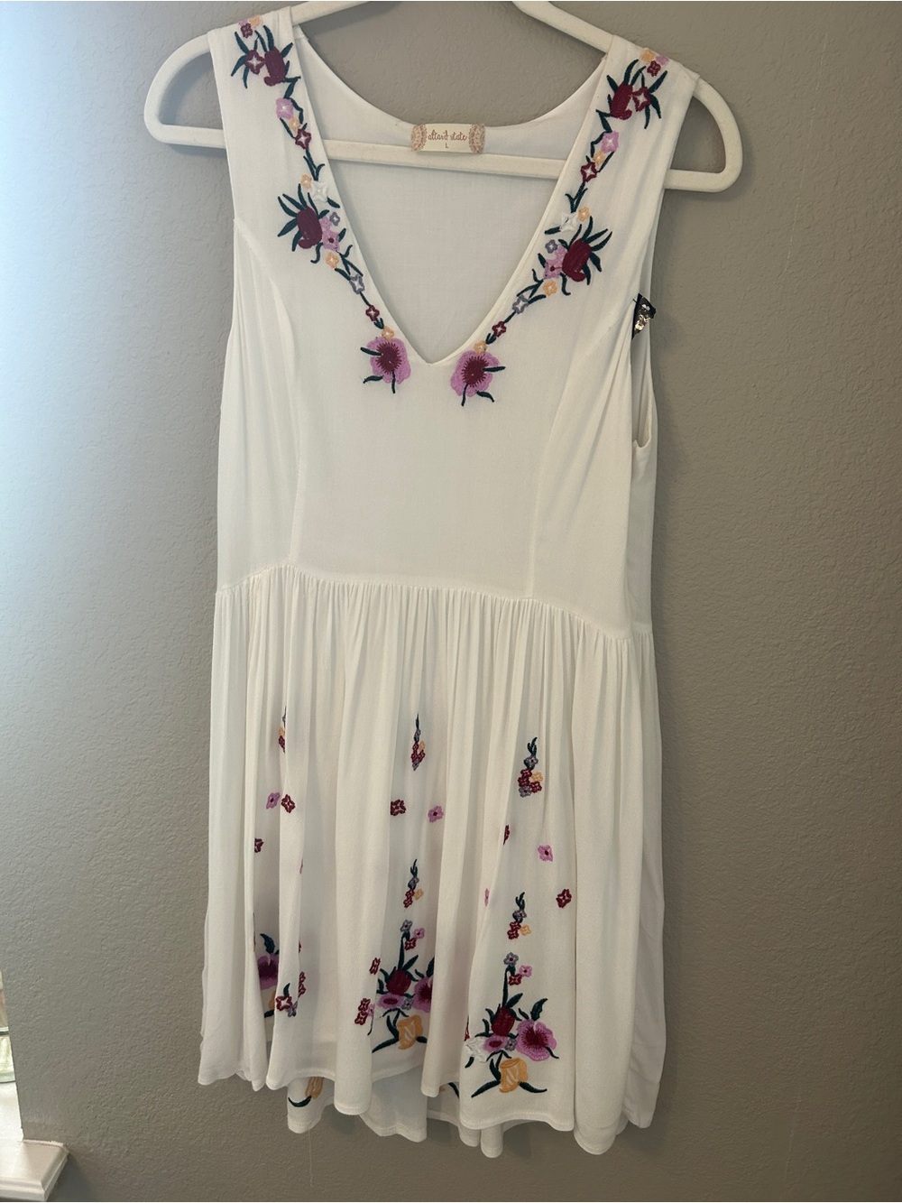 Altar'd State White V-Neck Mini Dress with Pink & Purple Floral Embroidery